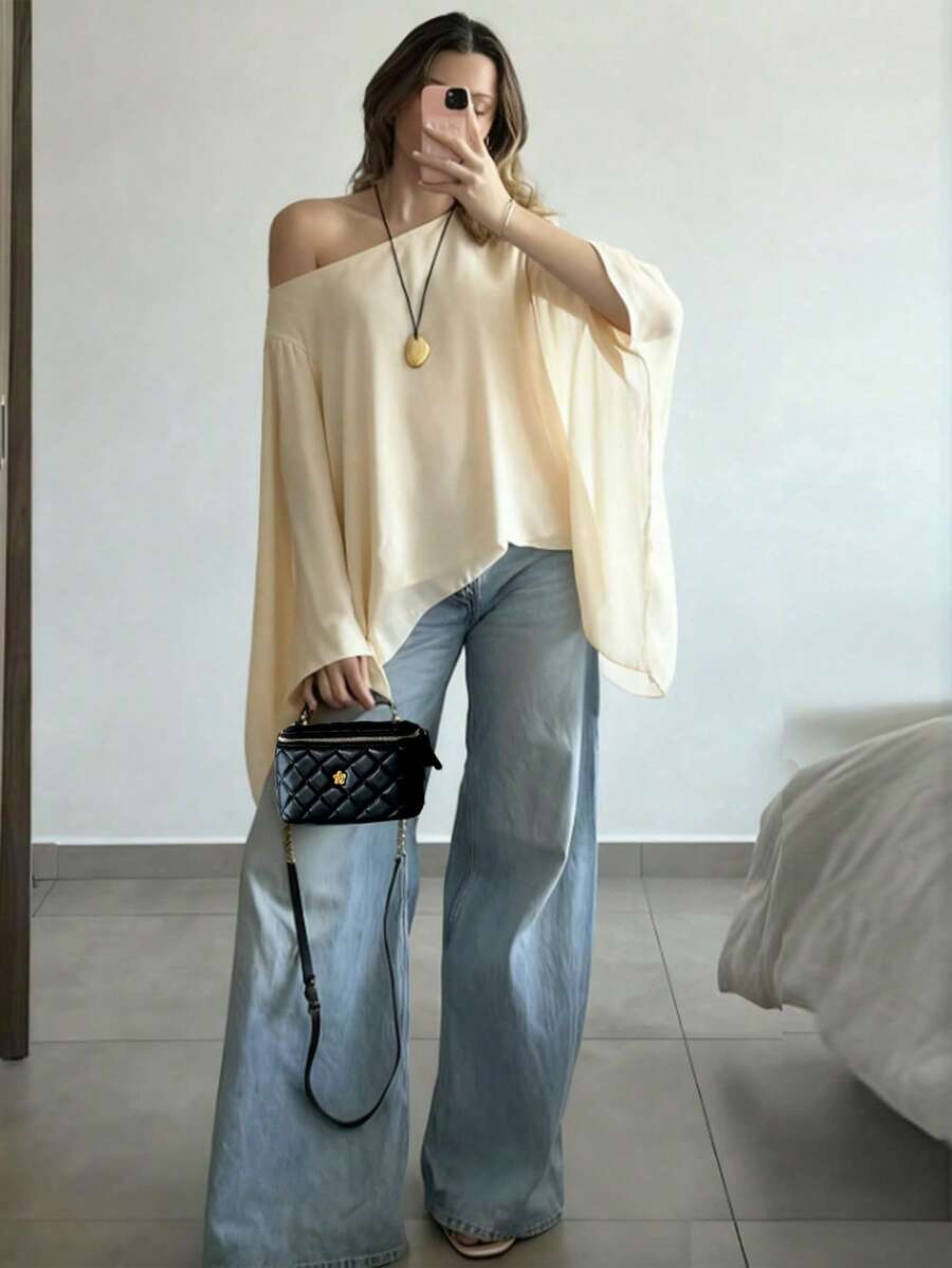 INAWLY 女士半透明度假及办公穿着不对称肩部衬衫 - 杏色 - 查看 1