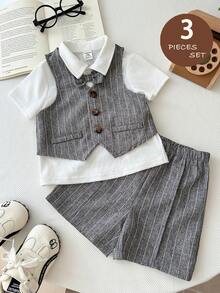 LMoss Kids 3pcs Baby Boy Woven Solid Vest + Knit Solid Casual Shirt + Shorts Gentleman Outfit Set - Multicolor - View 3