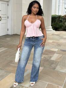 Alexandranx WYWH女士假日紋理灰藍色V領領口蝴蝶結雞尾酒背心 - 粉色 - 查看 5