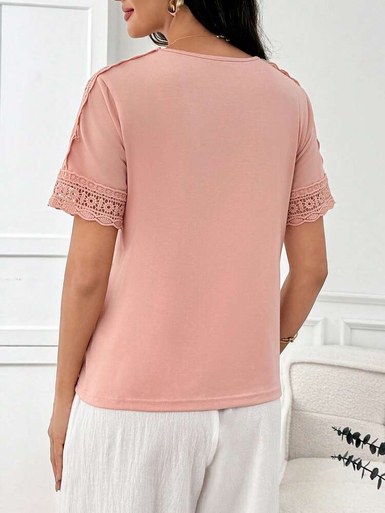 Pink Lace Trim Short Sleeve Cotton Top Elegant Casual Summer Outfit Pink Top Pink Blouse Lace Top Casual Blouses For Women Elegant Blouses For Women Summer Tops For Women,Summer Outfits For Women Pink Top Women