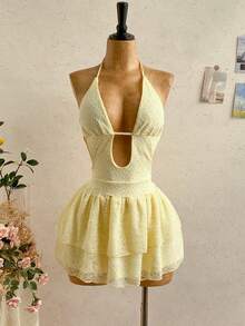 Soleia Women's Pale Yellow Retro Tie Dye Print Deep V Neck Backless Tie Waist Double Ruffle Hem Mini Dress,Summer,Casual,Vacation,Holiday,Party,,Beach - Yellow - View 4