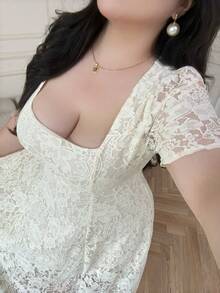 Vibekara Plus Size Romantic Square Neck Waist Gathered A-Line Lace Dress - Apricot - View 5