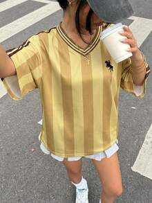 Muchica 女士时尚条纹印花宽松撞色V领上衣，春夏款 - 黃色 - 查看 3