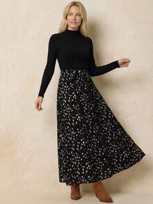 EMERY ROSE 女式花卉印花立领优雅长袖连衣裙 - 黑色 - 查看 5