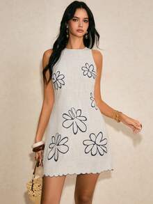 Poéselle 女士碎花图案弧形下摆无袖休闲迷你连衣裙 - 杏色 - 查看 6