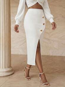 Anewsta Women's Floral Button Design Split Hem Elegant Skirt - White - View 7