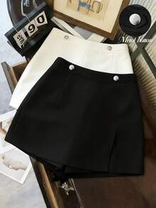 Franclia 女士纯色腰部纽扣设计侧开衩休闲阔腿裤 - 黑色 - 查看 1