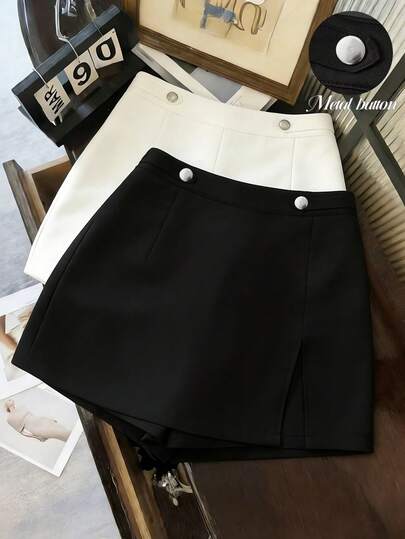 Zovinel Pantalones culotte casuales de mujer con diseño de botón en la cintura y abertura lateral