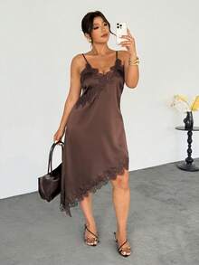Firerie Plus Size Summer Elegant Solid Color Lace Trim Asymmetric Hem Camisole Dress Spring/Summer Outfit Women Casual Dress For Women Elegant Dress For Party - Coffee Brown - View 4