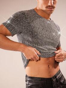 FeverCity Men's Shiny Slim Fit Cropped T-Shirt, Summer - Silver - View 7