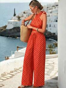 Vivid Eden 女士菱形图案露背吊带无袖上衣和斜插口袋长裤两件套 - 橘色 - 查看 6