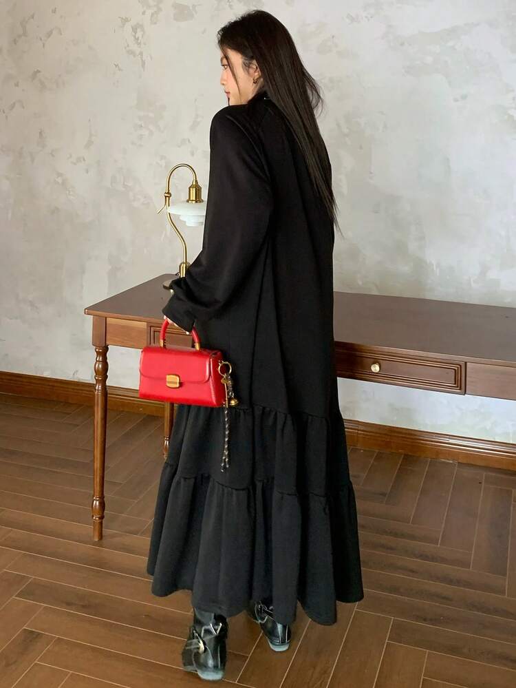 Dazy Plus Fashionable Loose Lantern Sleeve A-Line Dress With Ruffle Hem Patchwork, Casual For Plus Size Women, Spring/Autumn Sundress