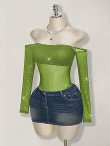 SHEIN ICON Áo liền thân lưới đính đá trễ vai dành cho nữ - màu xanh lá - Xem 7