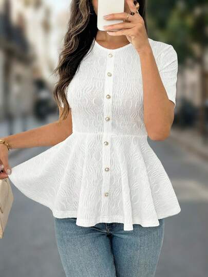 Miaspire Women's Textured Round Neck Short Sleeve Button Design Casual Versatile T-Shirt,Elegant Top For Women,Graduation Outfit For Mother,Summer Outfits For Women