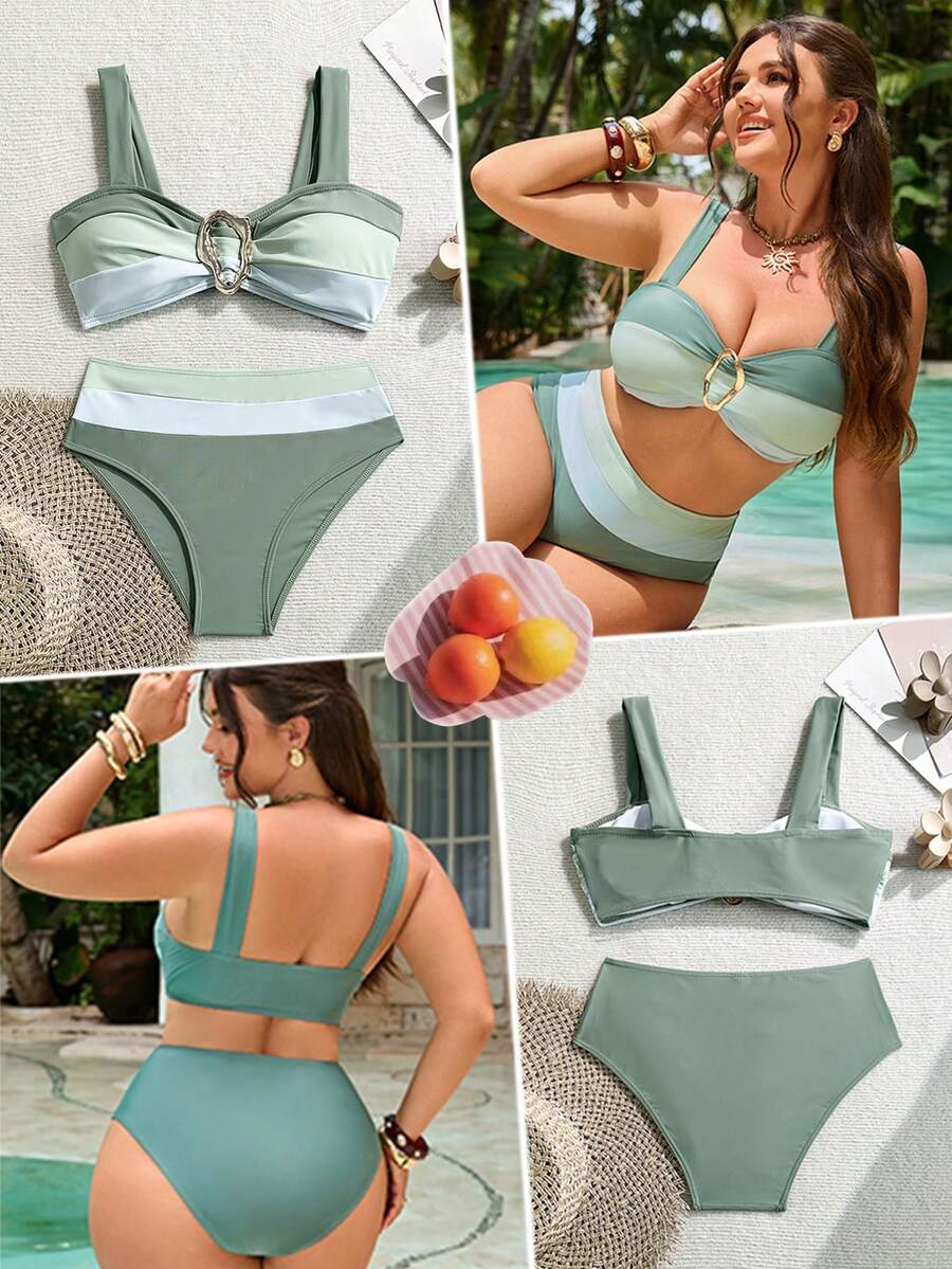 Swim Vcay Plus Size Color Block Design Metal Decor Women's Bikini Set - Multicolor - View 1