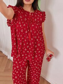SHEIN Bộ đồ ngủ quần dài buộc cổ họa tiết hoa xếp nếp cỡ lớn, tua rua trang trí, áo dệt kim và quần dài, trang phục - Đỏ - Xem 7
