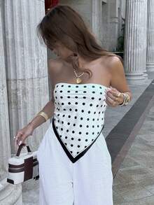 Siren Gaze 女士优雅休闲黑白波点撞色滚边无肩带抹胸上衣，三角下摆修身露脐上衣，夏季海滩度假派对夜生活穿搭 - 黑與白 - 查看 1