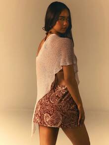 Athîral 女士波西米亚佩斯利印花镂空刺绣半身裙，夏季 - 棕色 - 查看 2