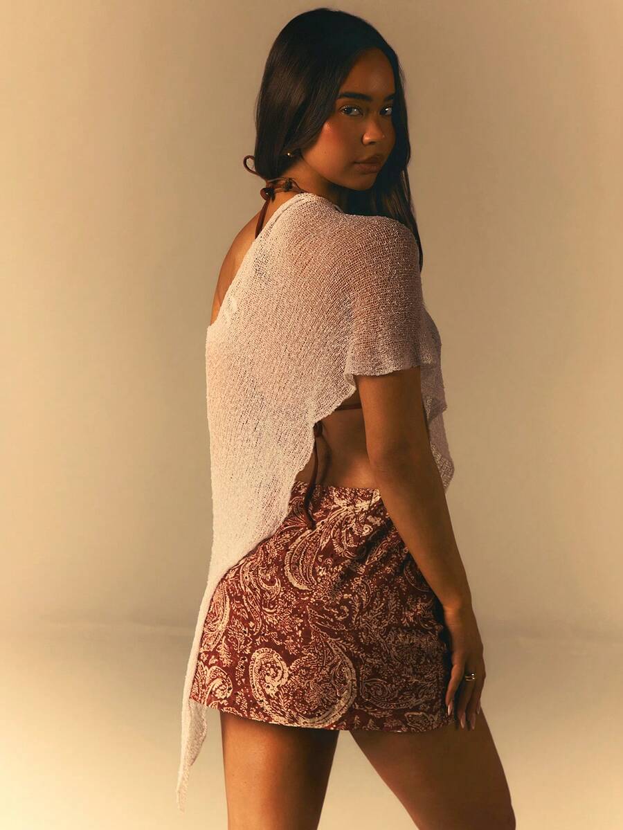 Athîral 女士波西米亚佩斯利印花镂空刺绣半身裙，夏季 - 棕色 - 查看 1