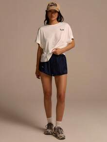 Fluxe Women's Elastic Waist Striped Loose Casual Shorts - Navy Blue - View 3