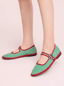 CUCCOO DOLLMOD 女士经典绿色格纹撞色条纹单条纹平底鞋 - 小格子綠色 - 查看 3
