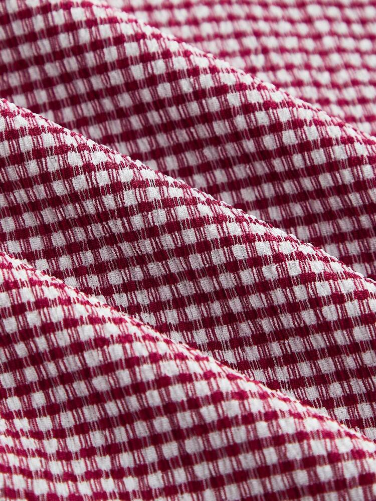 Robe mi-longue sans manches à carreaux pêche avec découpe et détail de nœud, style printemps été