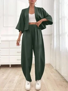 EURMUSE Women's Casual Solid Color Cozy Cardigan Top & Pants Two Piece Set - Army Green - View 4