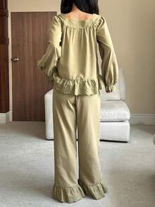 DAZY Sweet Square Collar Embroidered Lace Patchwork Ruffle Trim Women Pajama Set - Khaki - View 2