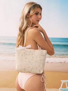 Swim Mod Fresh Lace Flower Crochet Shoulder Tote Bag, Holiday Essentials,Perfect For Travel, Vacation, Holiday & Beach ,Vacation Essentials , Crochet - Beige - View 3