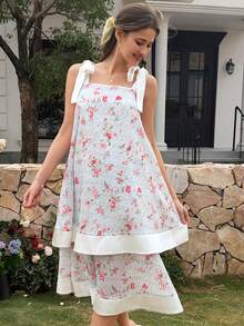 DAZY 法式浪漫派对亮片花卉印花层叠肩带女士睡裙 - 藍色 - 查看 5