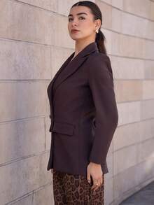 Andrea Bello Women's Business Style Solid Color Double-Breasted Blazer Jacket For Commuting, Autumn  - Coffee Brown - View 4