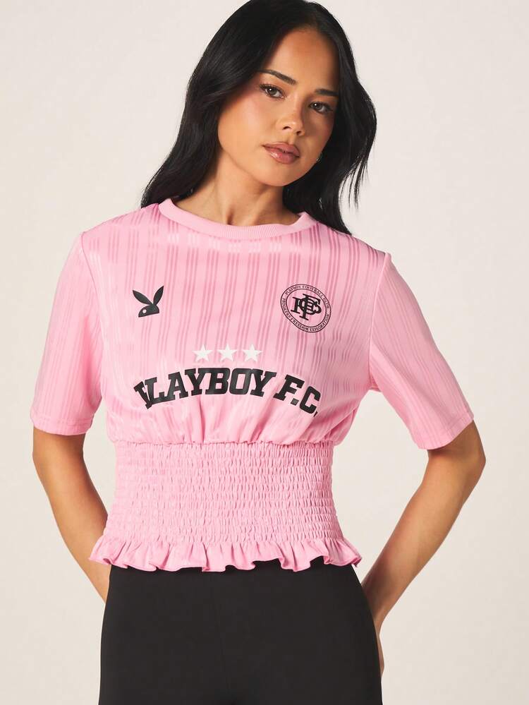 Missguided x Playboy Shirred Fitted Waist Crop Football Jersey T-Shirt With Varsity Number Print And Ruffle Hem