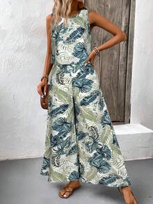 EMERY ROSE 波西米亚风复古印花圆领露脐上衣和阔腿裤，女士夏季沙滩度假两件套 - 彩色 - 查看 4