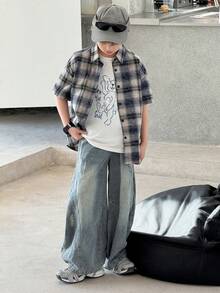 DAZY Tween Boy Plaid Short Sleeve Single-Breasted Casual Loose Shirt Summer - Blue - View 7