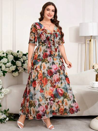 Reflora Plus Size Women Floral Print Tie Front Ruffle Sleeve Elegant Dress