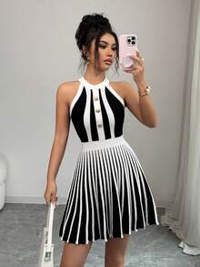 Selianne Elegant Black & White Striped Off-Shoulder A-Line Sleeveless Halter Knit Dress, Spring/Summer - Black and White - View 6