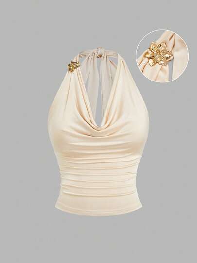 Sweetra Solid Color Elegant Draped Neck Cropped Tank Top, Sexy Slim Fit Summer New Arrival