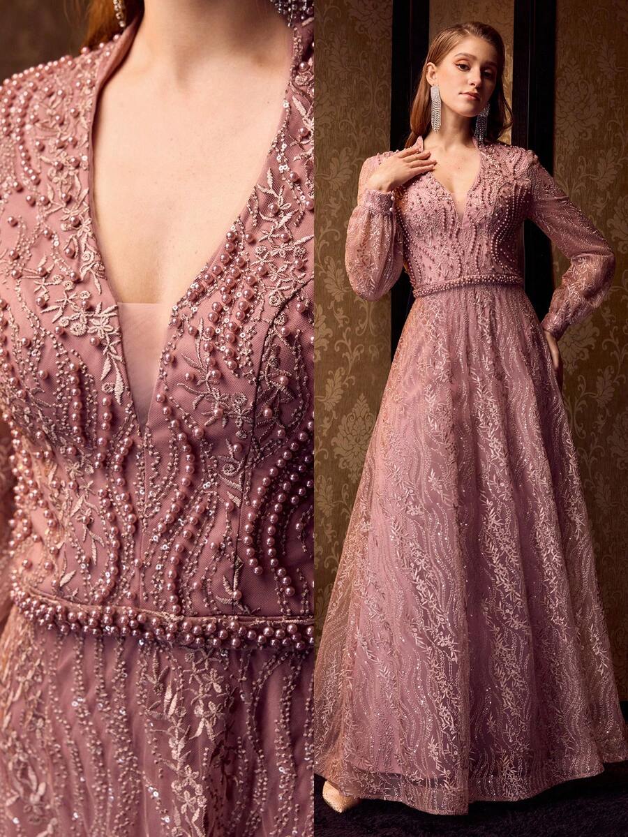 MOTF Soiréza VESTIDO DE FIESTA DE MUJER DE MANGA LARGA CON CUELLO EN V PROFUNDO - SILUETA DE LARGO HASTA EL PISO CON ADORNOS DE PERLAS, PATRONES ALEATORIOS DE ENCAJE Y PERLAS, PERFECTO PARA BODAS, GALAS Y CENAS FORMALES