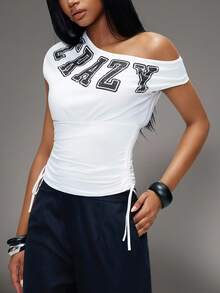 TypaGal Y2K Sexy Summer White Stylish Chic Bold Modern Women's Fashion Carnival Party Beach Vacation Street Casual  Women's Letter Print Oblique Shoulder Top Off Shoulder T Shirt White Y2k Top Off The Shoulder Top - White - View 1