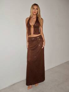 SHEIN ICON 2026新款女士两件套优雅复古性感吊带深V金属扣装饰吊带背心和超长扭结半身裙套装，适合约会和度假。女士假日套装，棕色两件套，女士两件套。 - 杏色 - 查看 3