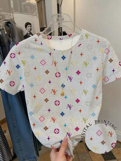 Resyla Dam T-shirt med kort ärm och tryck, sommar, avslappnad