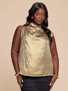 SHEIN BAE Plus Size Women Gold Plunging Neckline Blouse,Elegant Summer Curve Cocktail Office Daily Music Festival Asymmetrical Pleated Fashion Blouse - Gold - View 6