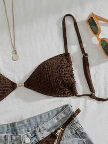 Swim Vcay Bikini de dos piezas de unicolor para mujer, estilo casual de vacaciones - Café integral - Ver 3