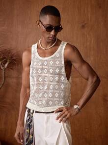 AKNOTIC 男士休闲菱形图案提花针织修身无袖背心 男士钩针背心 男士夏季背心 男士背心 节日网眼男士上衣 男士钩针背心 - 米色 - 查看 3