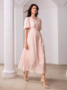 Modelyn V-Neck Puff Sleeve Jacquard Front Button Closure Pink Dress - Pink - View 4