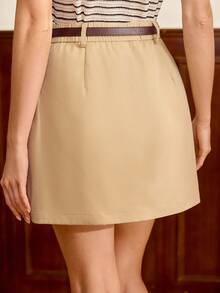 Vintamour Vintage Classic Elegant Women's Skirt, Spring/Summer Fitted Waist Skirt With Pockets, Khaki Skirt Short Skirt Belted Skirt Women's Skirt Mini Skirt Spring/Summer Casual Vacation Holiday Skirt Women Graduation Skirt For Women Party Skirt For Women Skirt Wedding Guest Skirt For Women - Khaki - View 2