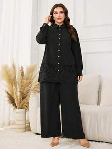 Lacomfia Plus Size Casual Solid Color Long Sleeve Shirt With Ruffle Hem Decor & Elastic Waist Wide Leg Pants 2 Pieces Set, Spring/Autumn Fall - Black - View 6