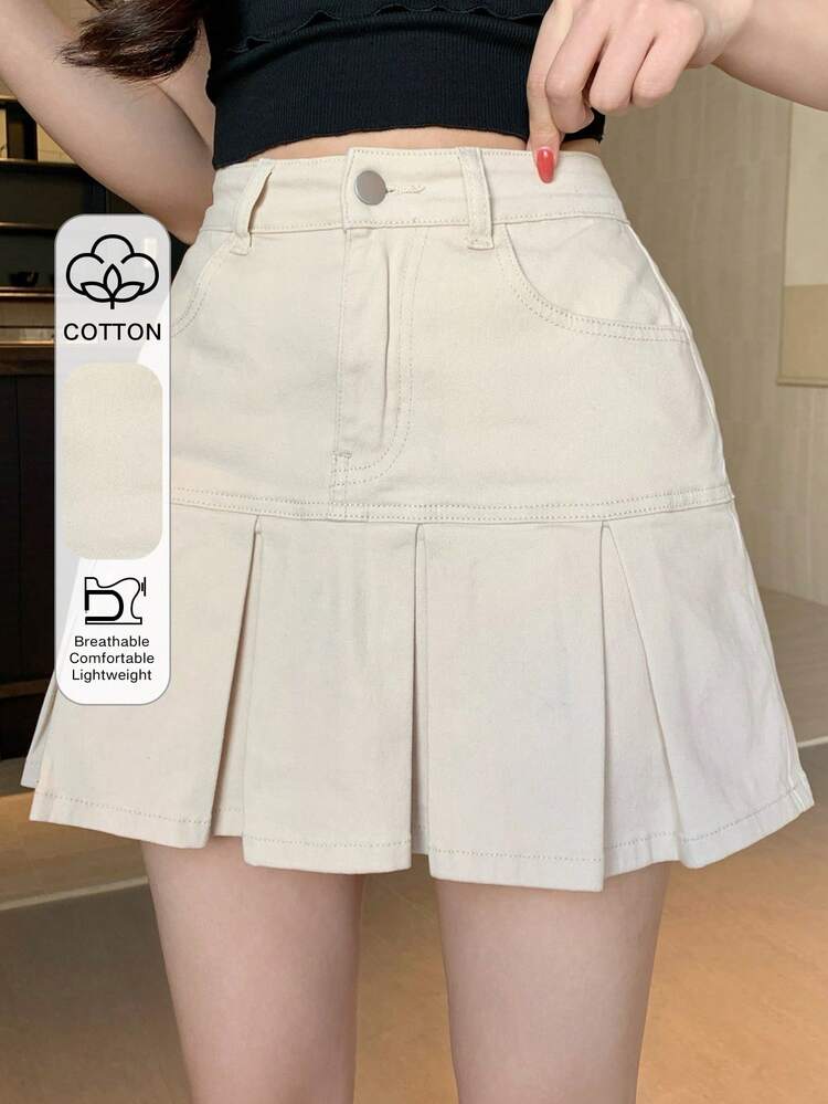 Women's Casual Solid Color Pleated Denim Mini Skirt, Summer