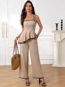 Miaspire 女士度假休闲撞色滚边不对称下摆吊带背心和裤子两件套 - 黑與白 - 查看 4