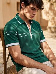 Airaco Summer Celebration Season Green Half-Zip Striped Breathable Polo Shirt, Luxury Date & Casual Wear For Men - Dark Green - View 7